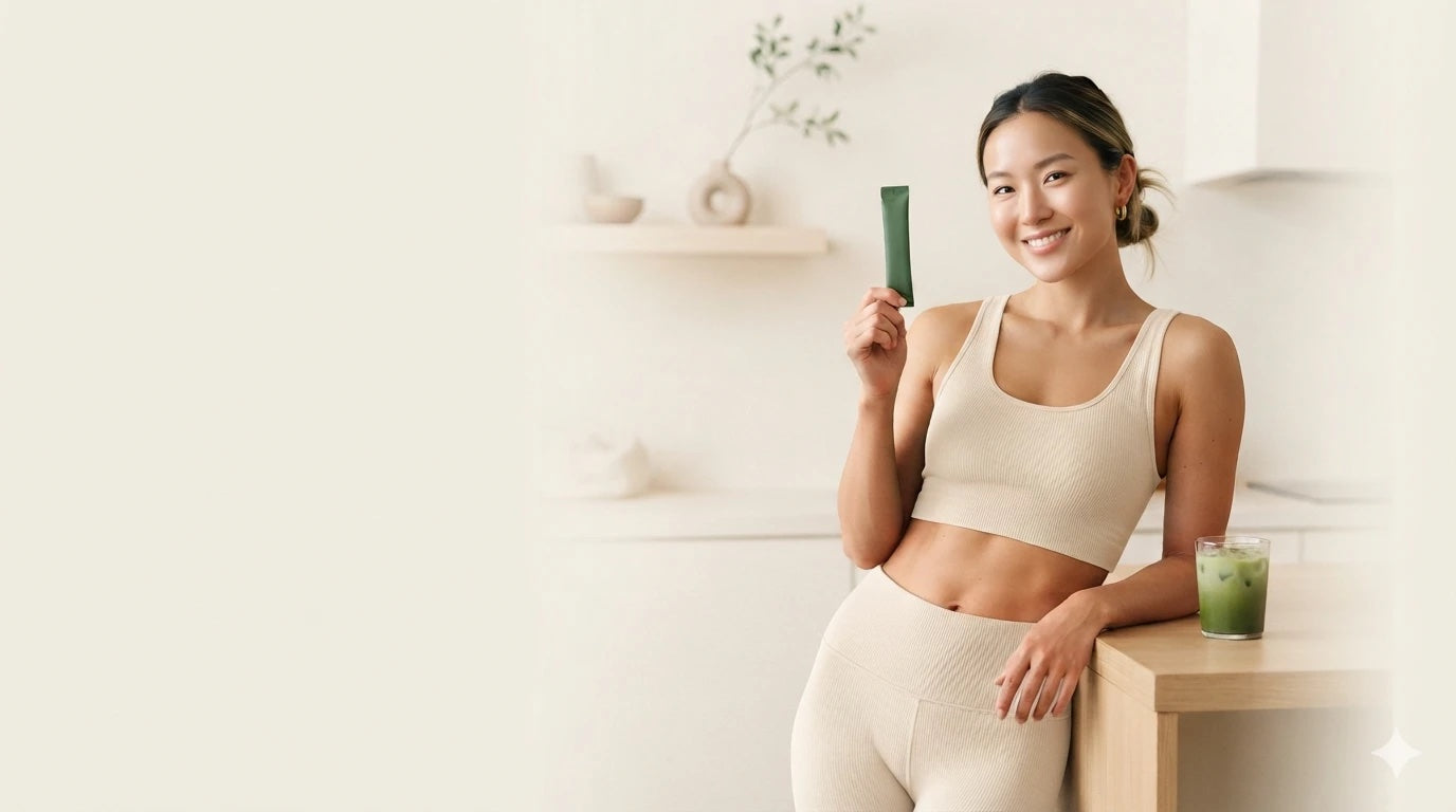 Woman in neutral activewear holding a Pocketine matcha sachet beside an iced matcha drink